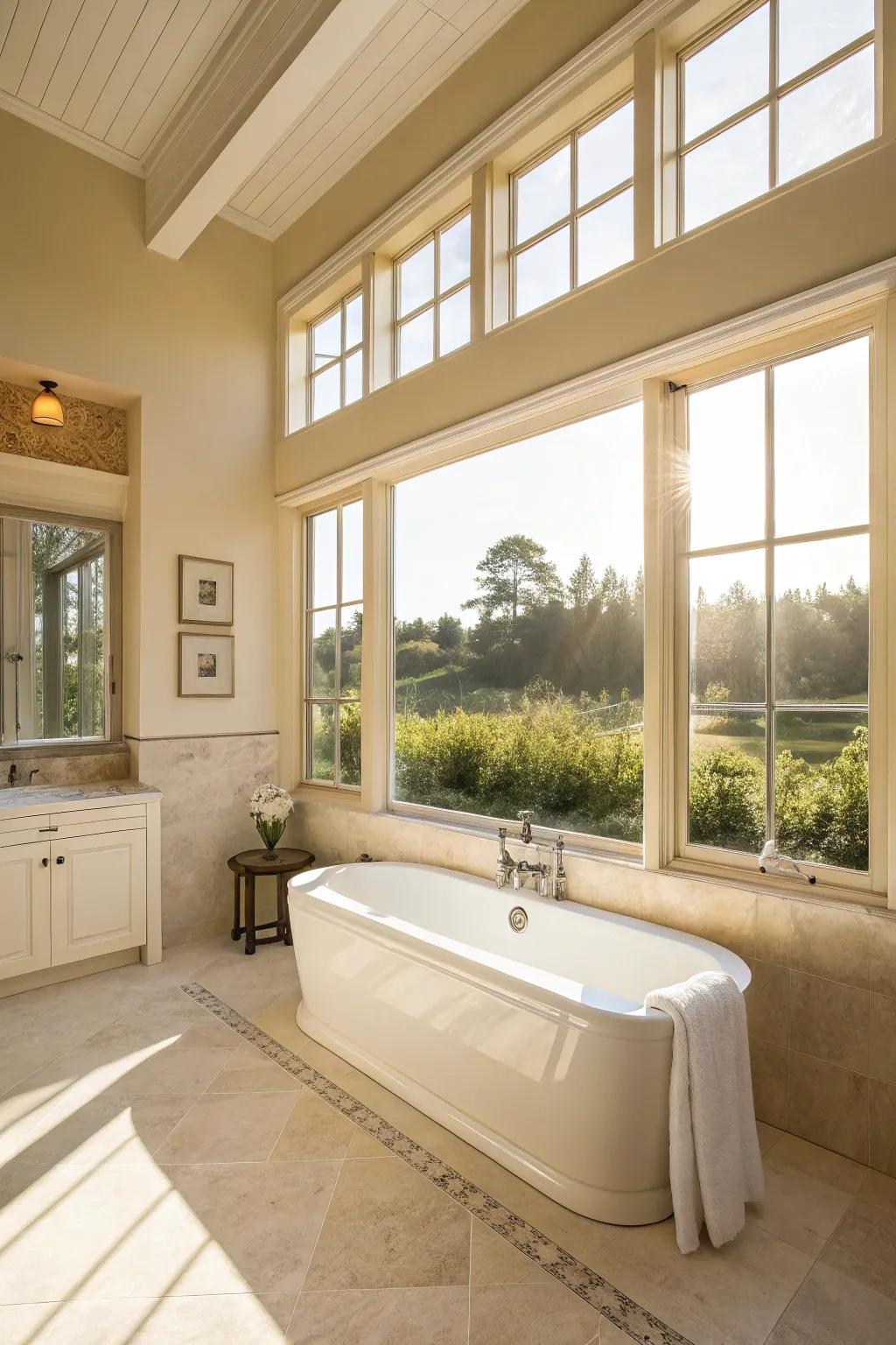 Sunlight gorgeously complements the cream shades in this bathroom.
