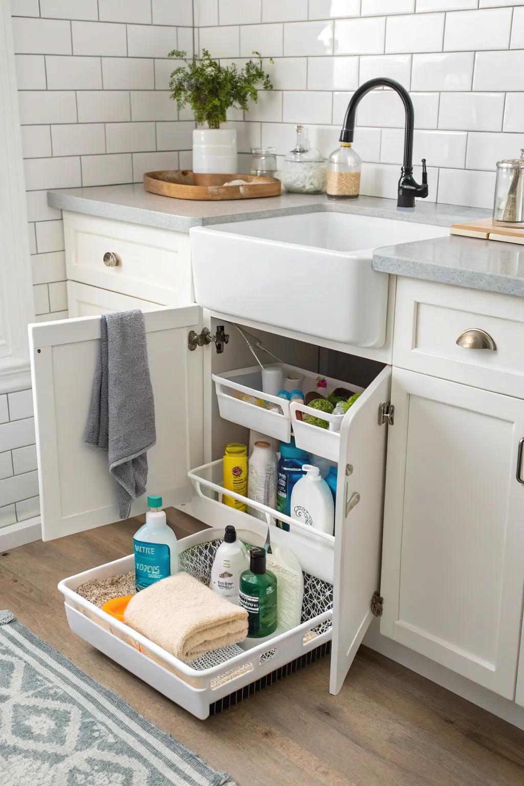 Under-sink organizers ensure items are tucked away yet accessible.