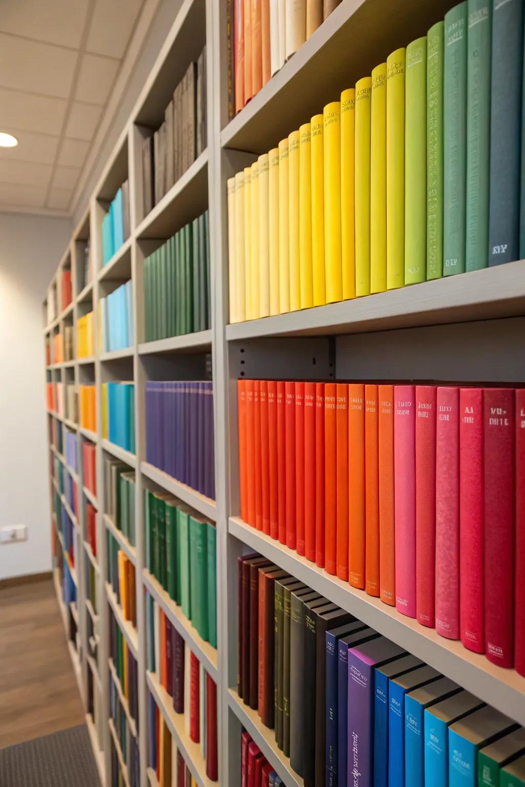 Change your bookcase into a colorful rainbow with color-coded arrangements.