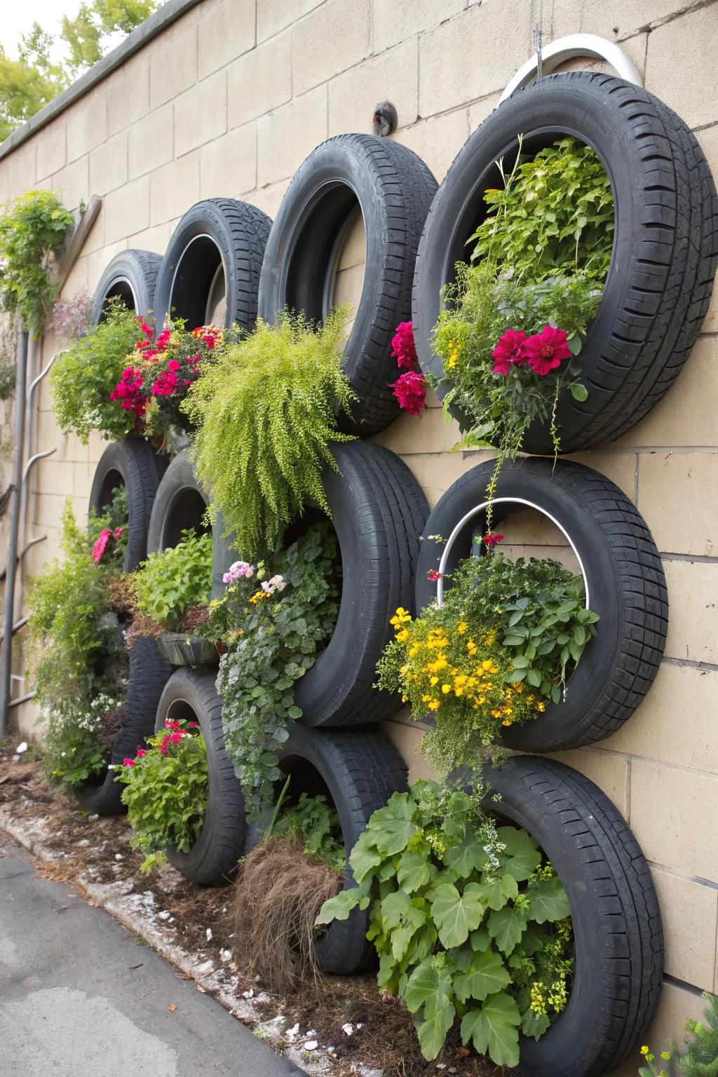 Innovative elevated tire sanctuary breathing life into a wall with vegetation.