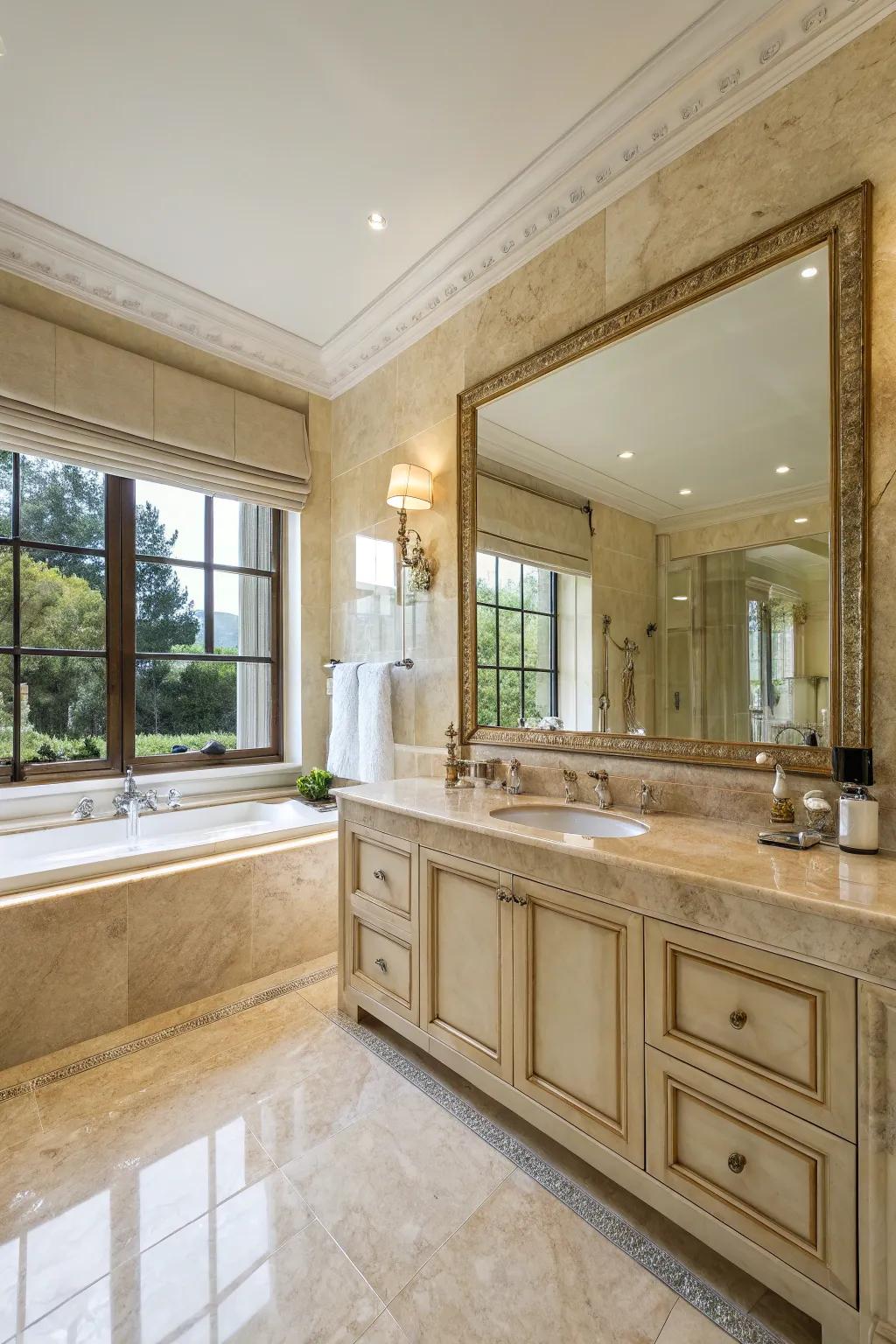 Expansive mirrors enhance the sense of space when paired with crema marfil.