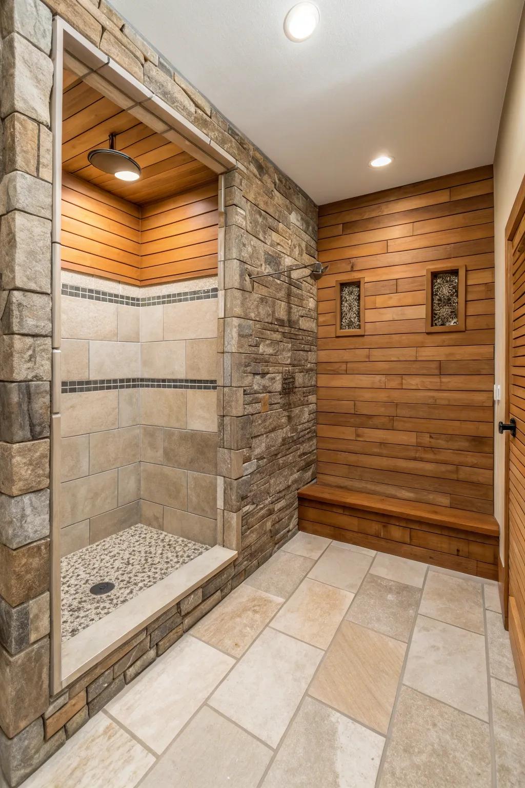 A balanced mix of materials results in an appealing and special shower space.