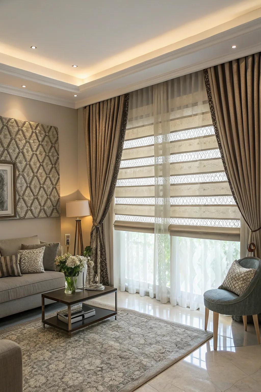 Layered window coverings add texture and sophistication to your space.