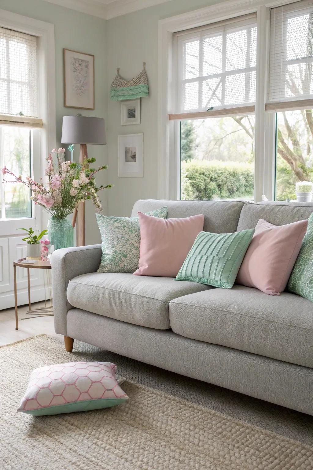 Pastel cushions introduce a gentle and calming atmosphere to a grey sofa.