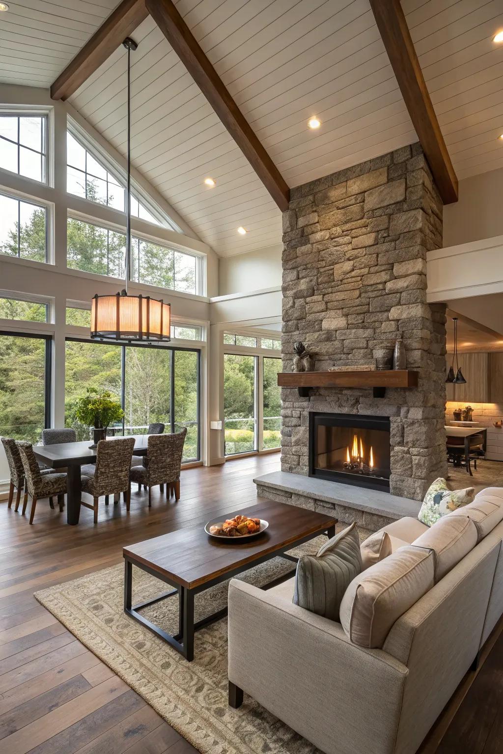 An open-concept arrangement features a central fireplace that promotes interconnectedness.