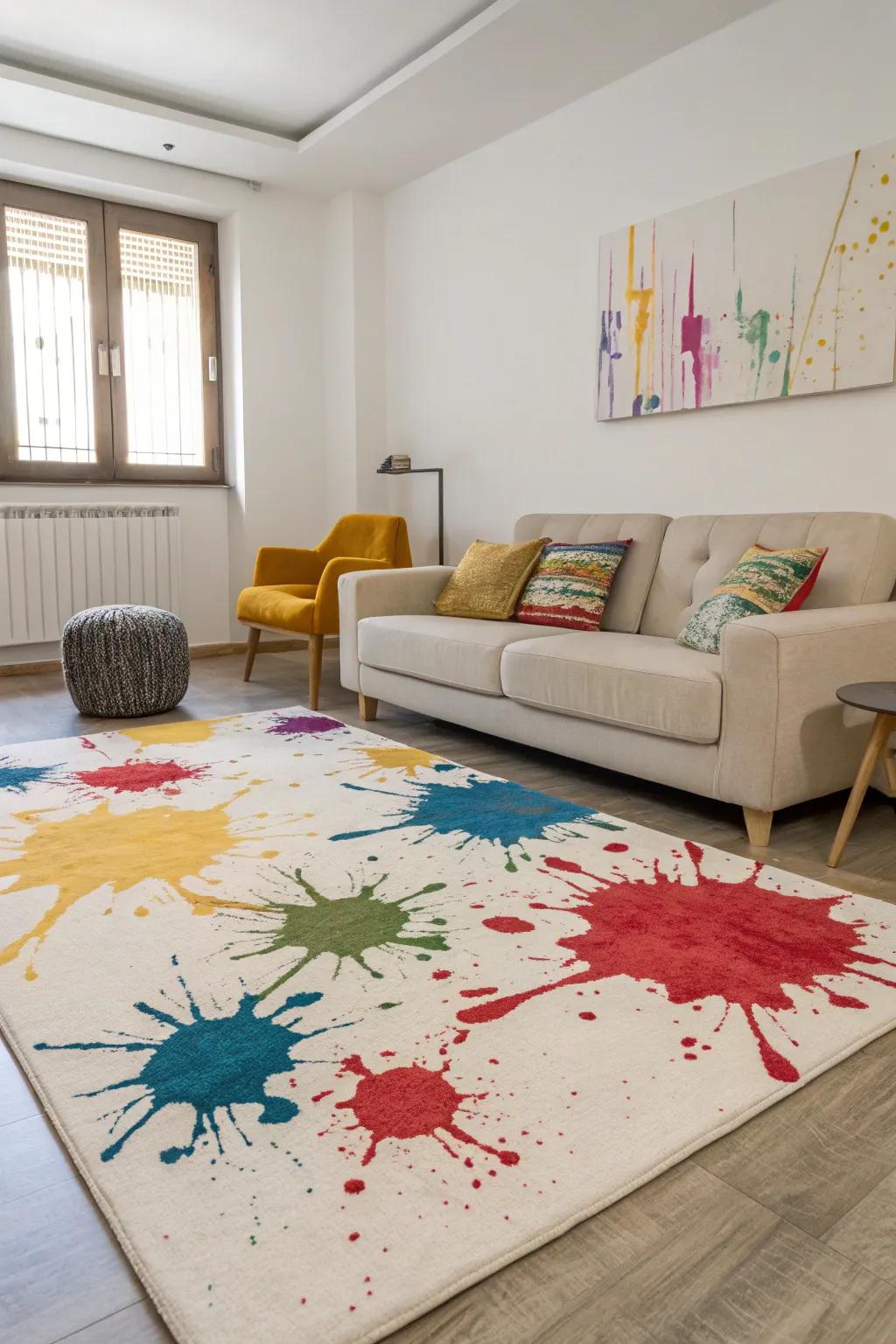 An artistic paint splotch rug brings bold energy to a minimalist space.