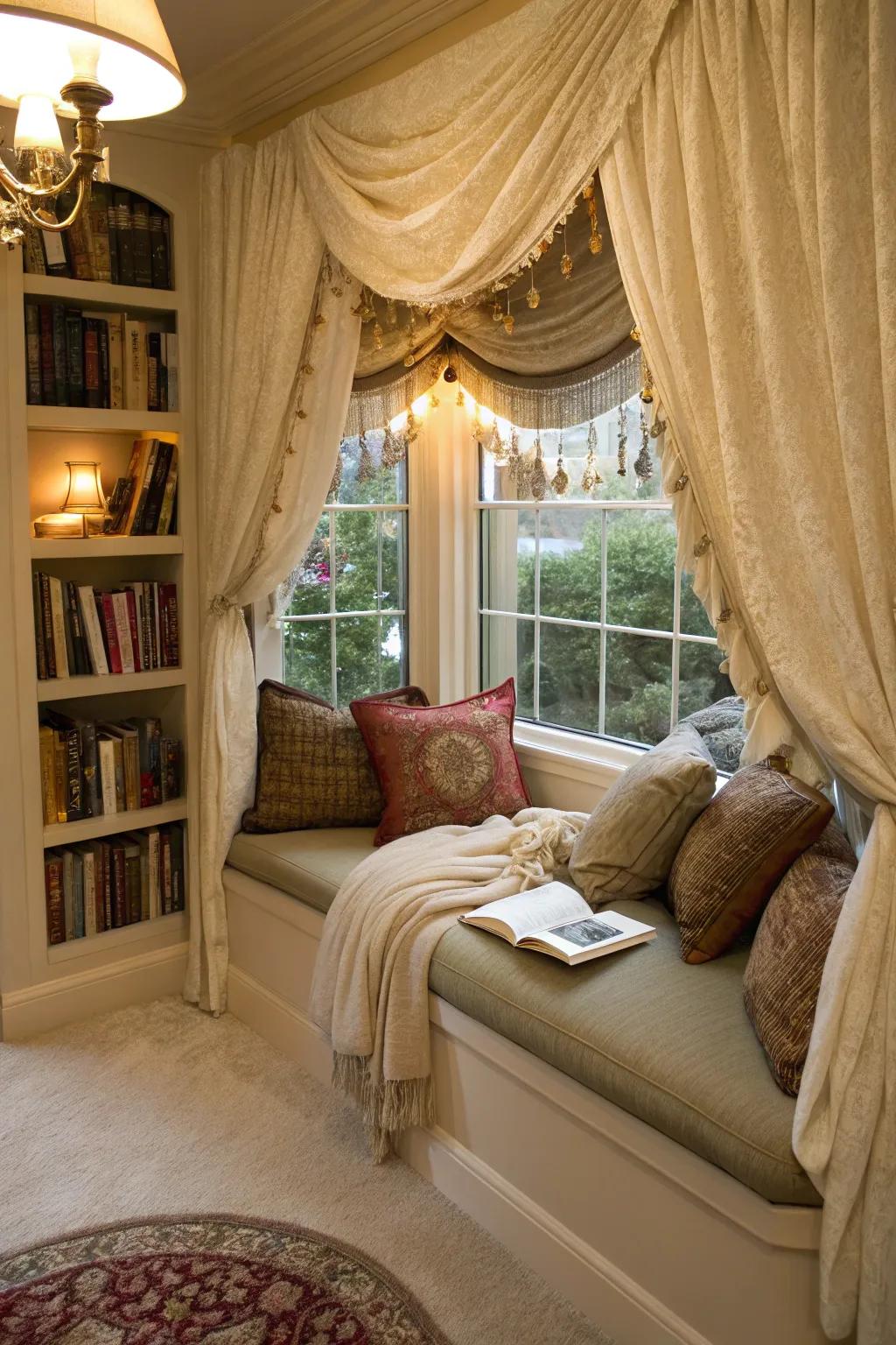 Add depth and luxury to your reading nook with layered valances.