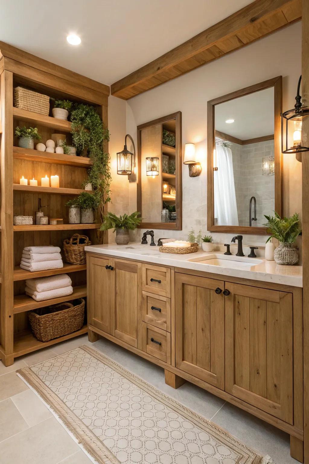 Natural wood elements introduce coziness and texture into your bathroom setting.
