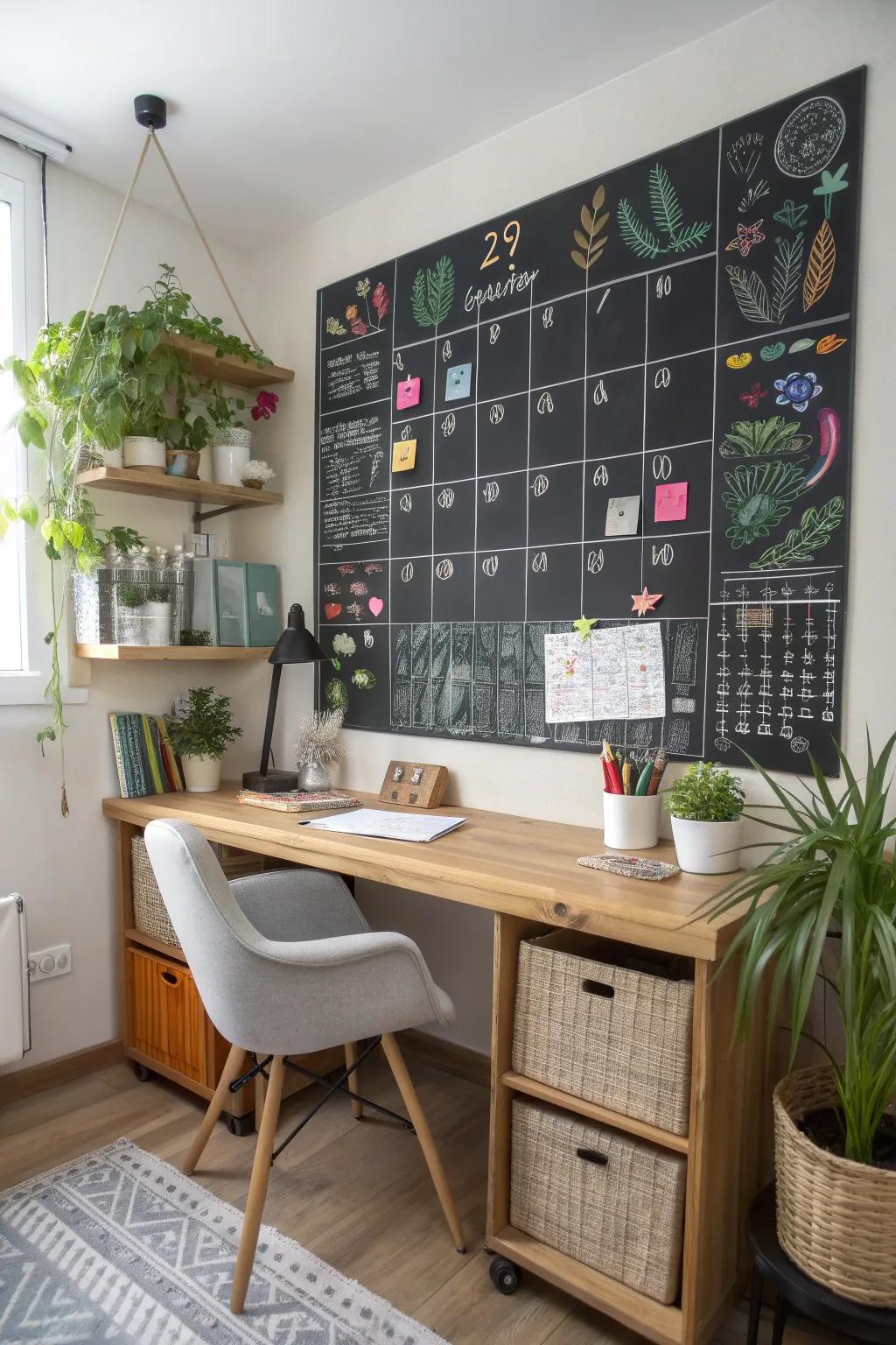 A functional and enjoyable chalkboard calendar set in a home office.