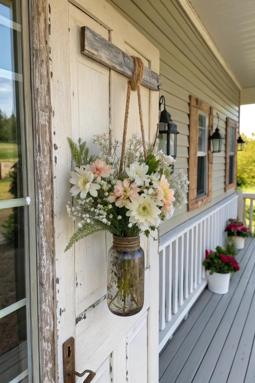 A country-style glass jar door feature enhanced with delicate floral beauty.