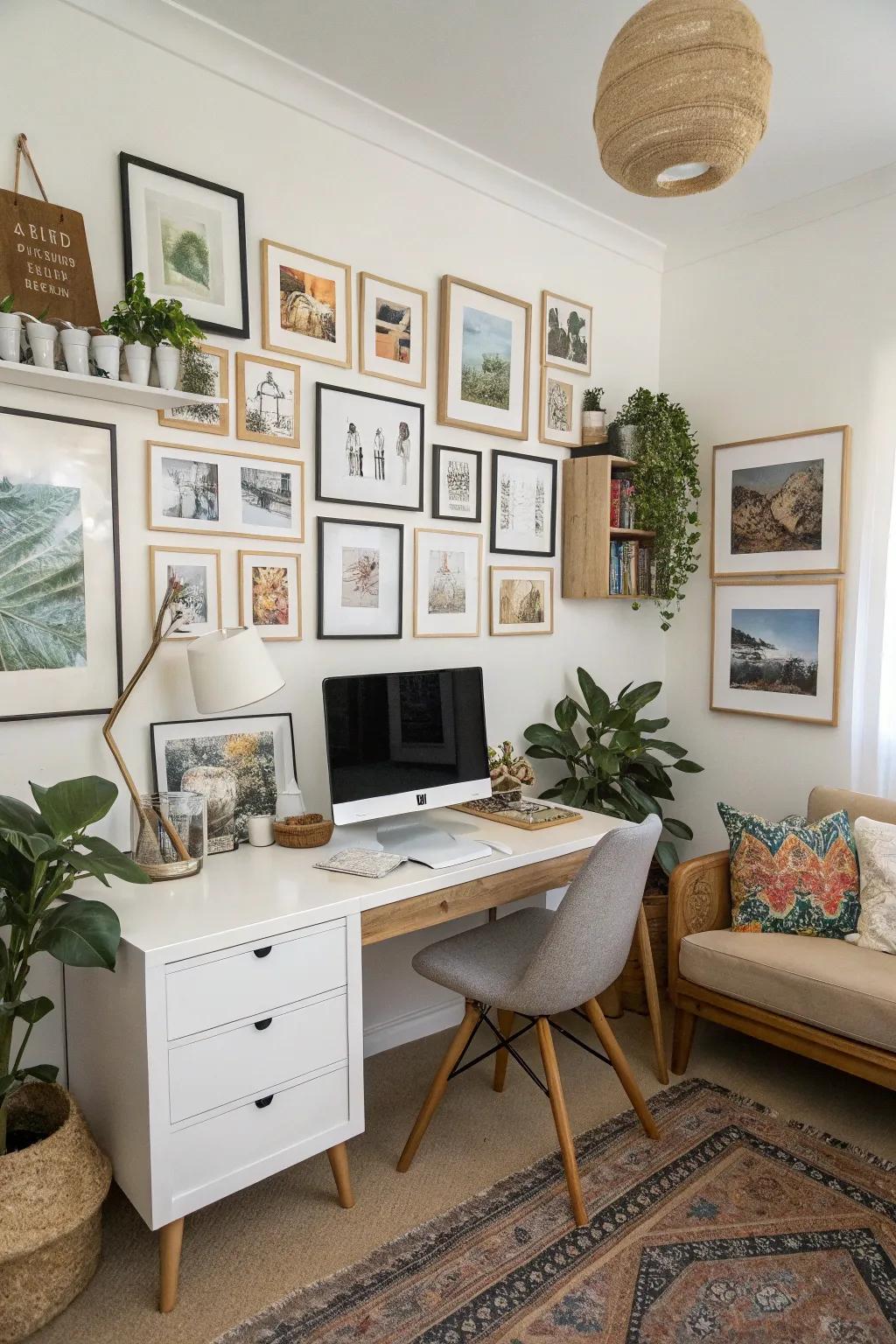 A customized gallery wall in a home office, featuring art prints and personal photos.