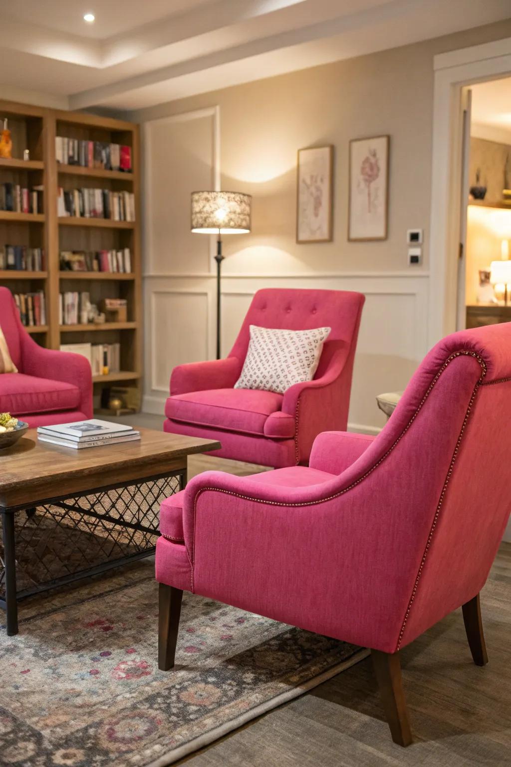Roseate accent chairs introduce a burst of color and relaxation to the living space.
