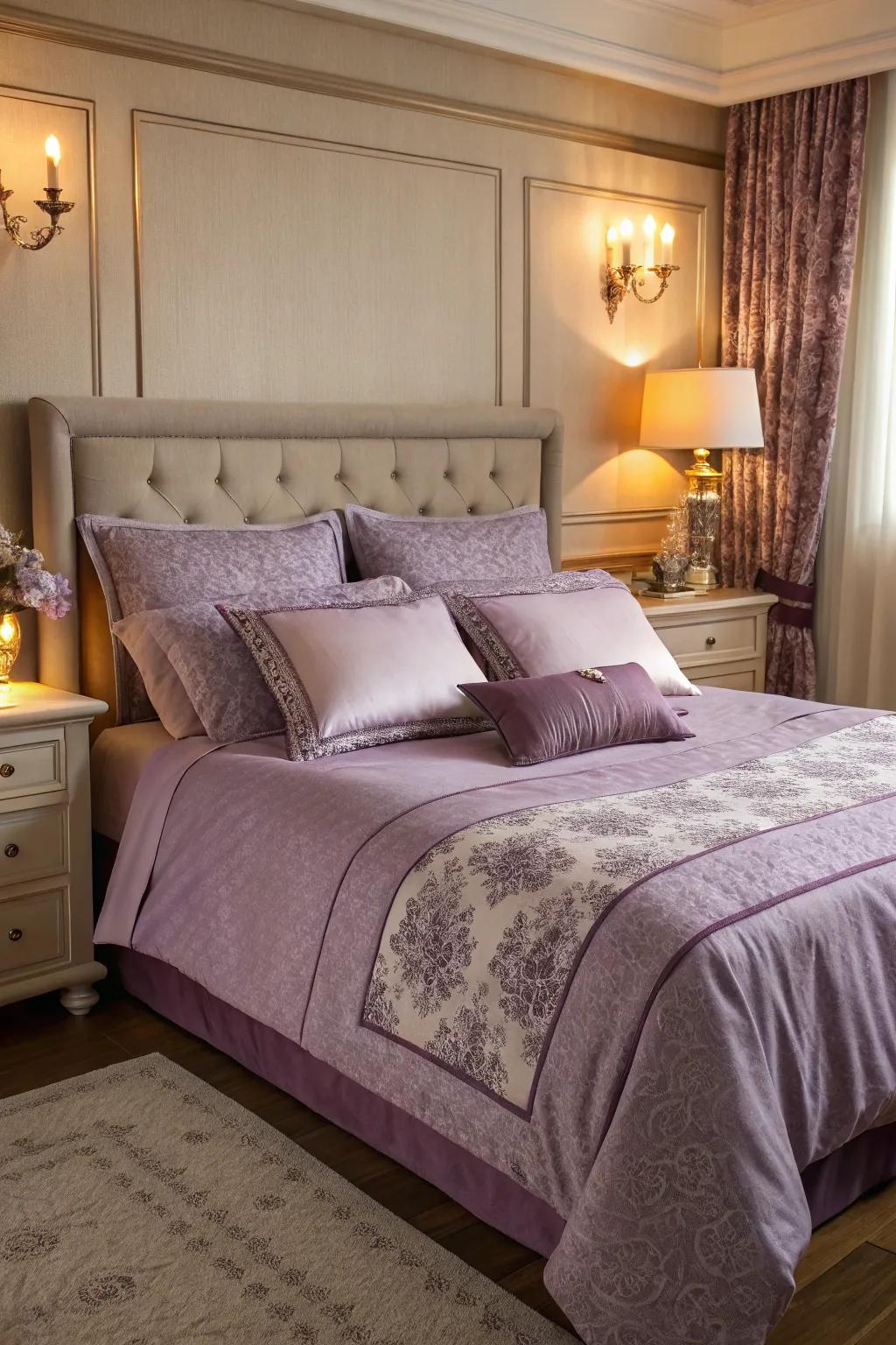 Lavish purple bedding creating a cozy retreat.