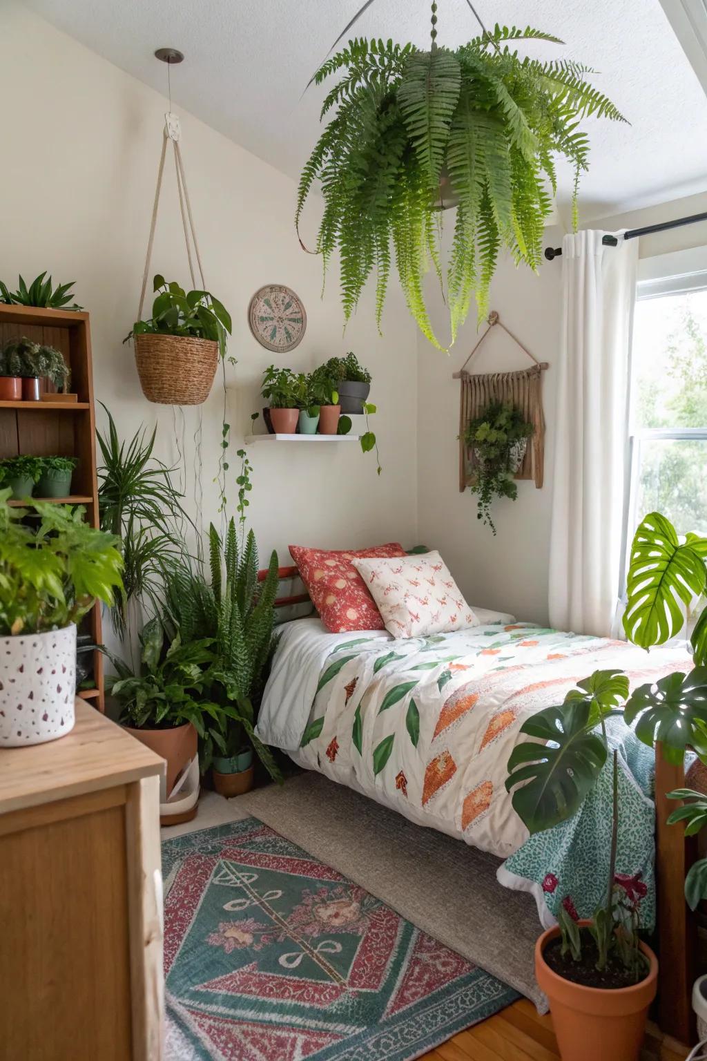 A lively teen room filled with different houseplants.