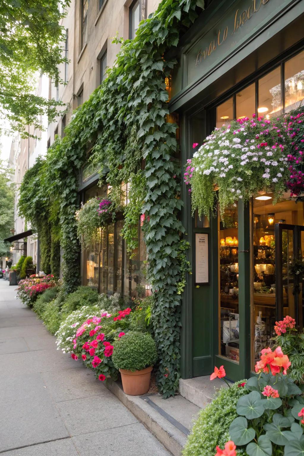 A storefront turned into a lush oasis with cascading ivy and vibrant floral decorations.