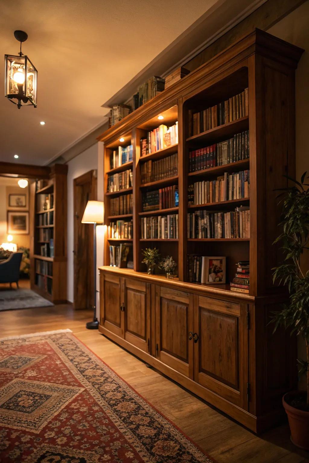 An imposing bookshelf turns into the focal point of the dark academia family room.