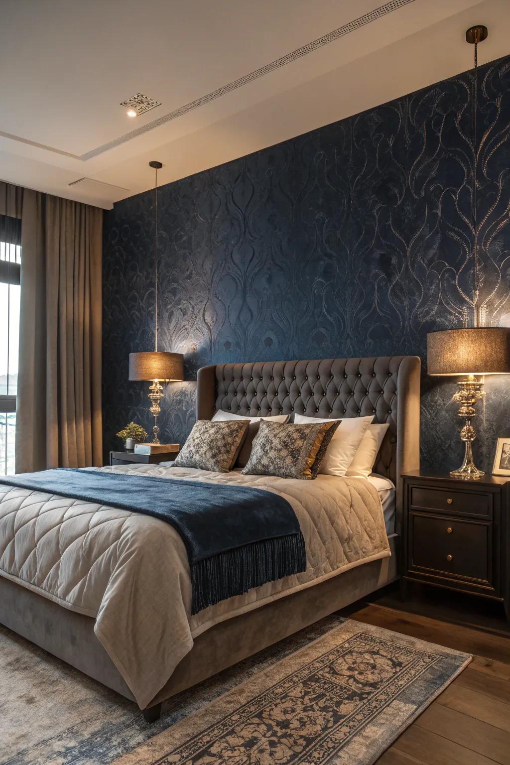 Textured deep blue wall covering enriches your area.