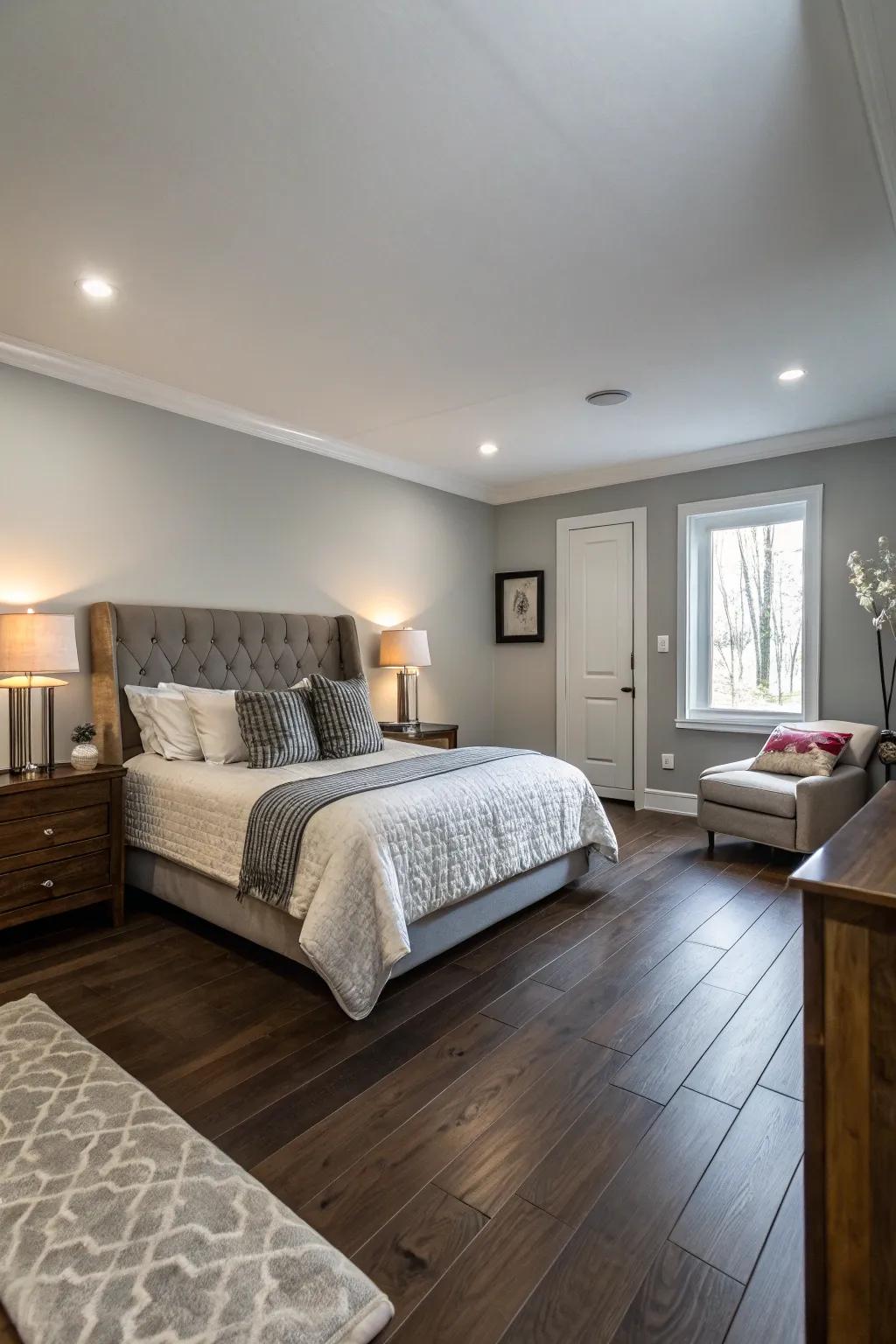 Light gray walls offer a peaceful foundation for dark wood floors.