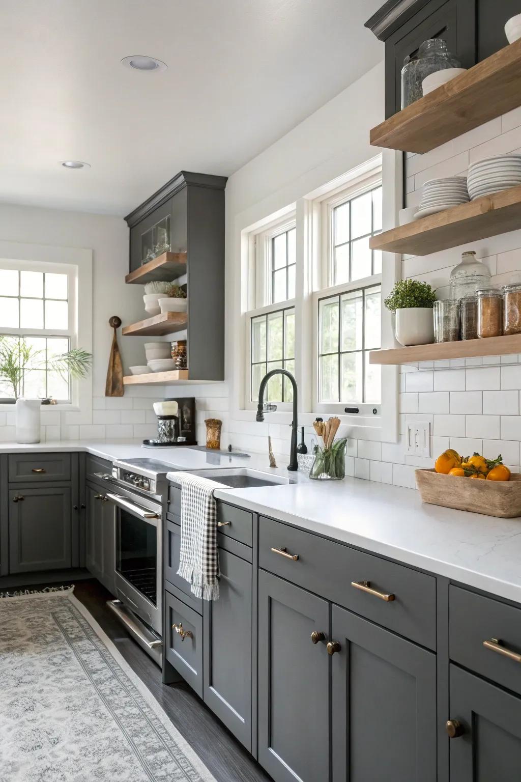 Deep charcoal cabinets wonderfully contrasted with ivory countertops for a striking visual.
