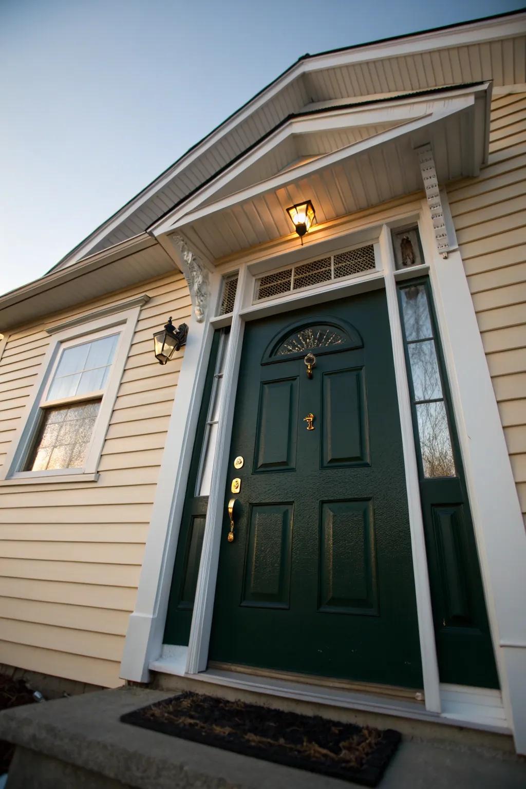 The forest-toned door stands out strikingly against a soft cream backdrop.