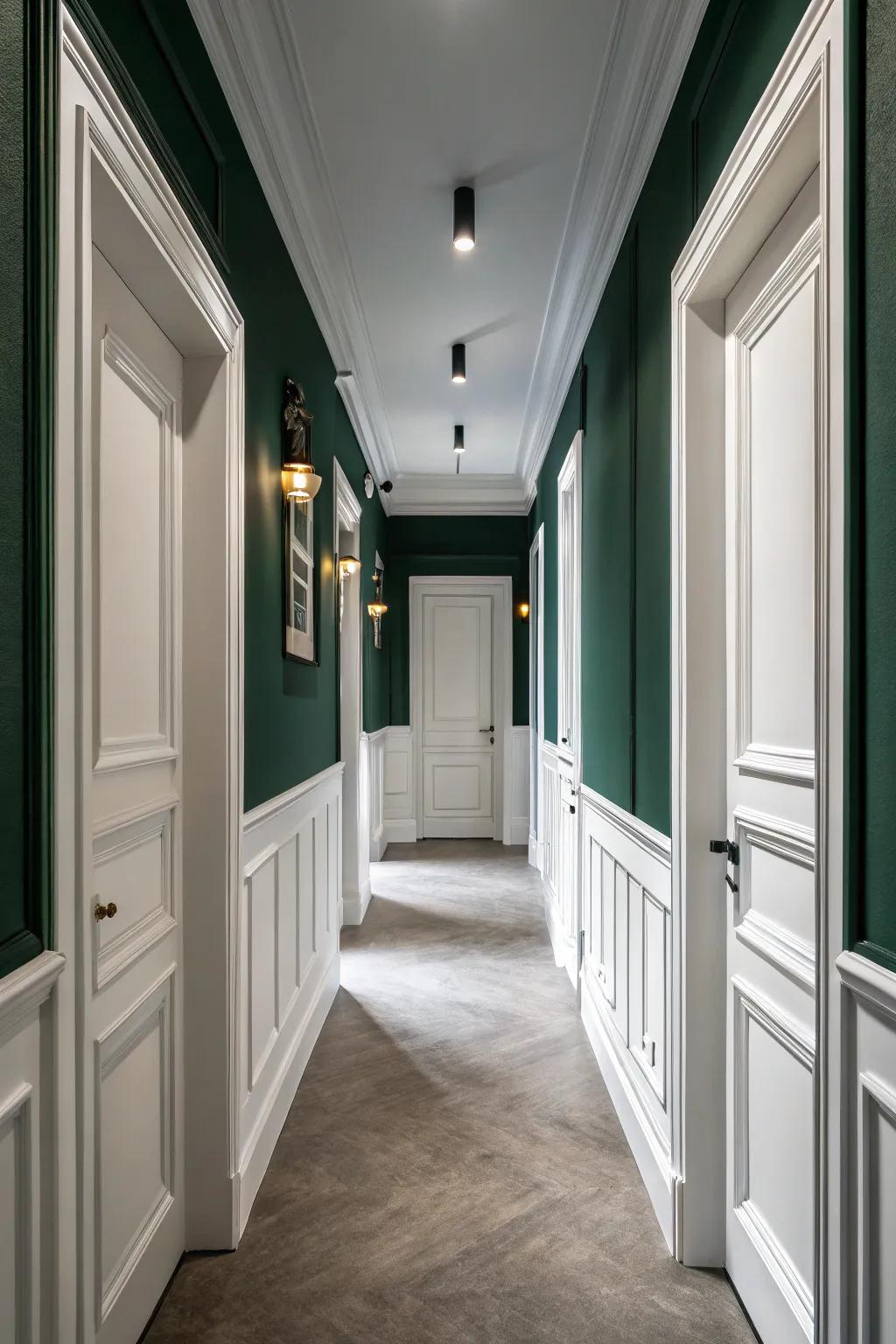 White trim offers a fresh contrast to dark green walls.