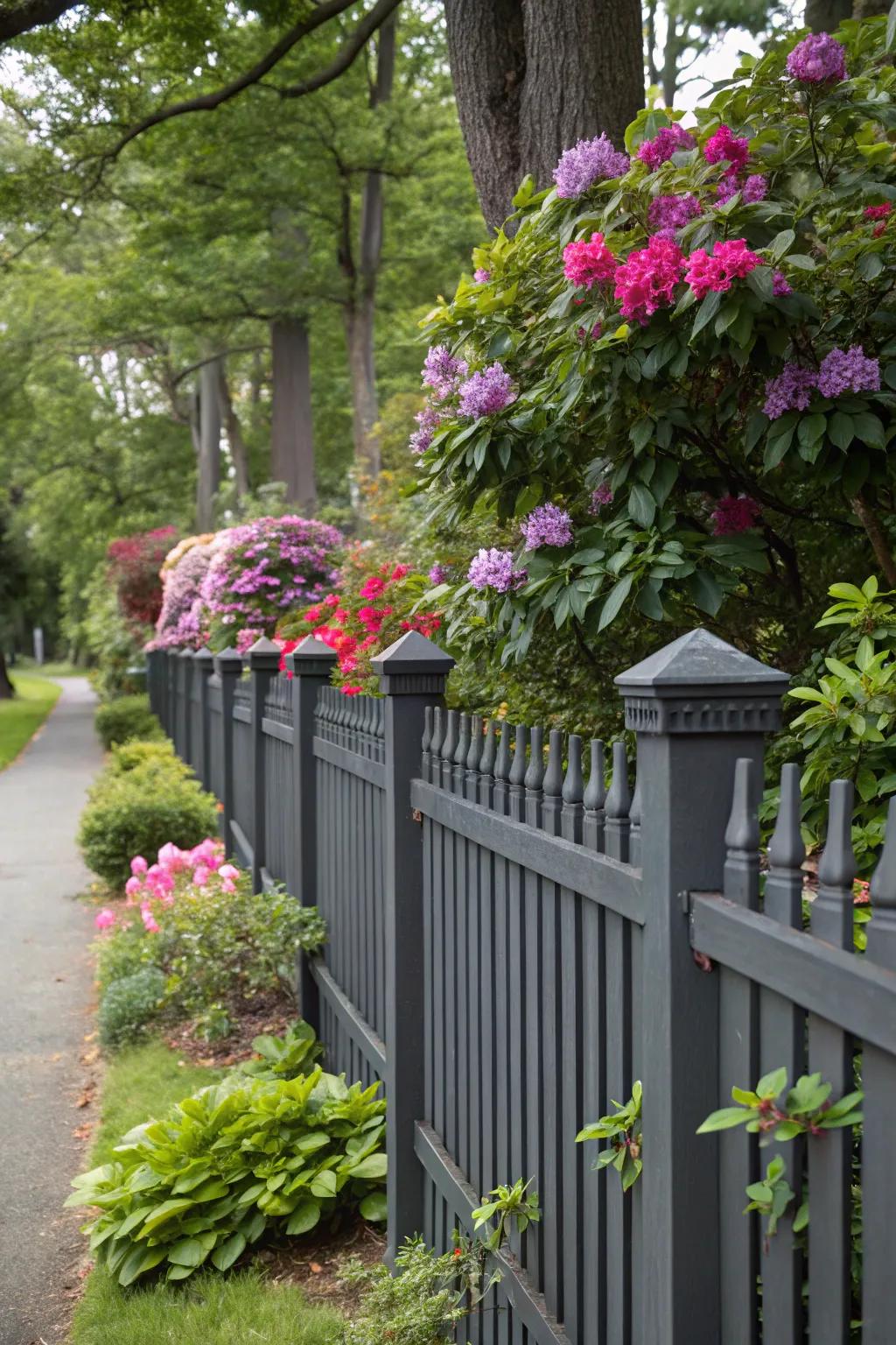 Bright flowers and lush foliage shine against a deep charcoal barrier.