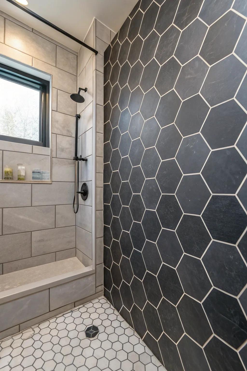 Geometric charcoal tiles give the bathroom a trendy geometric accent.