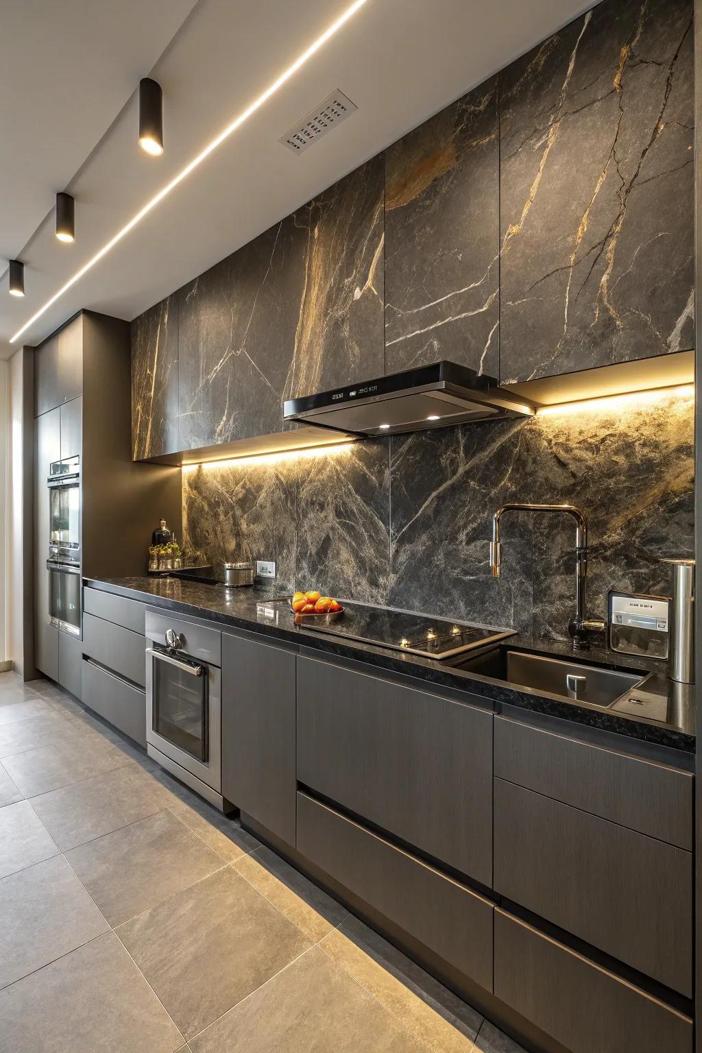 A kitchen with a dark stone backsplash complemented by modern fixtures.