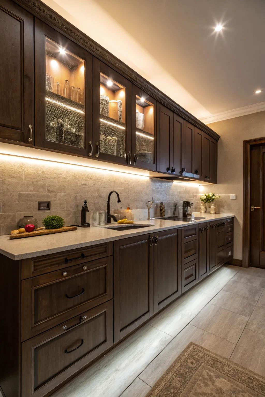 Accent illumination amplifies the charm and intricacy of deep-toned kitchen cabinets.