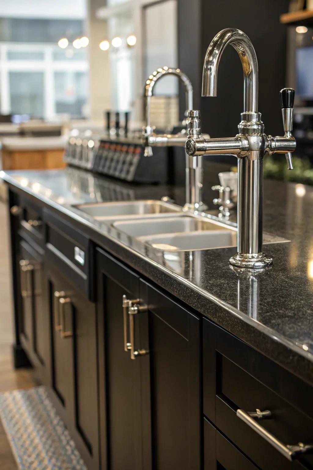 Modern stainless steel fixtures bring a sleek, contemporary edge to dark cabinetry.