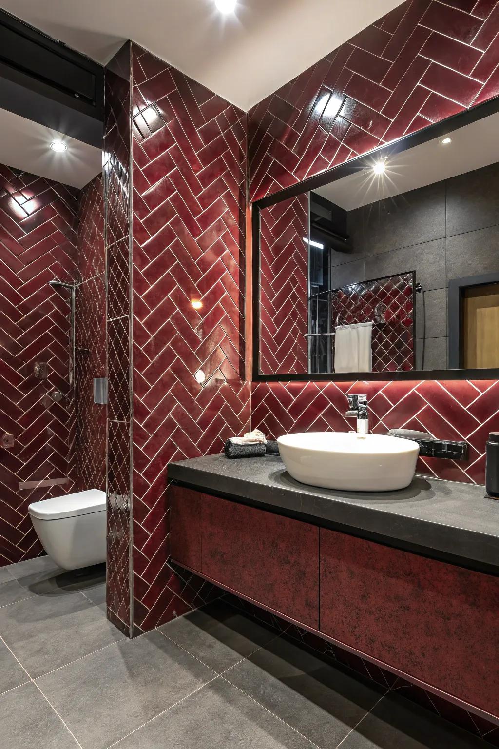 Patterned red tiles inject texture and visual appeal into your bathroom.
