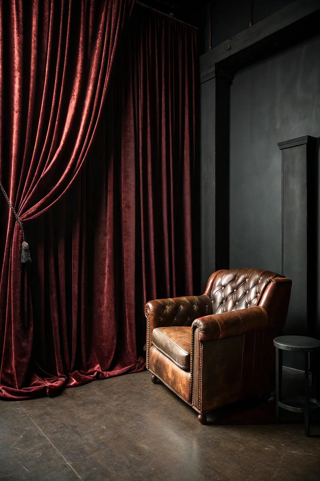 A room featuring plush fabric drapes and a leather seat.