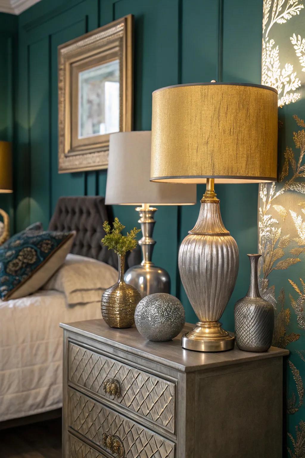 Metallic highlights provide a luxurious feel to the bedroom.