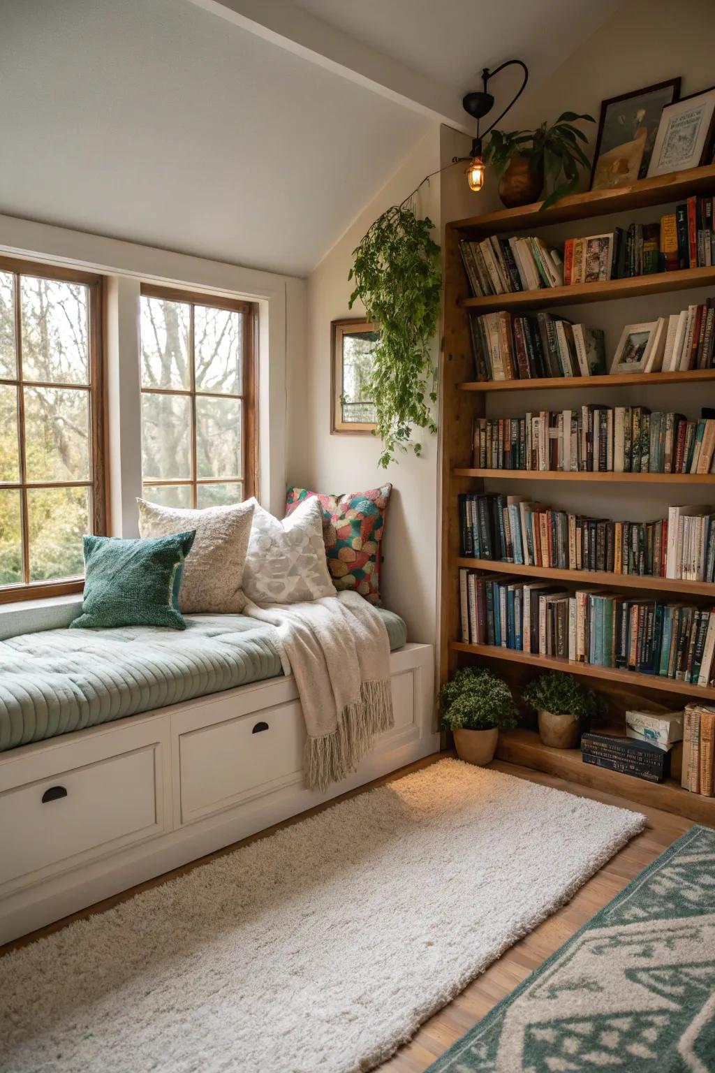 A cozy reading space with a daybed, ideal for bookworms.