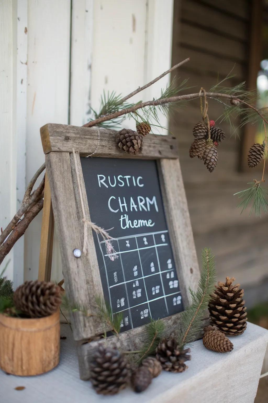 A natural-themed chalkboard calendar adorned with natural elements.