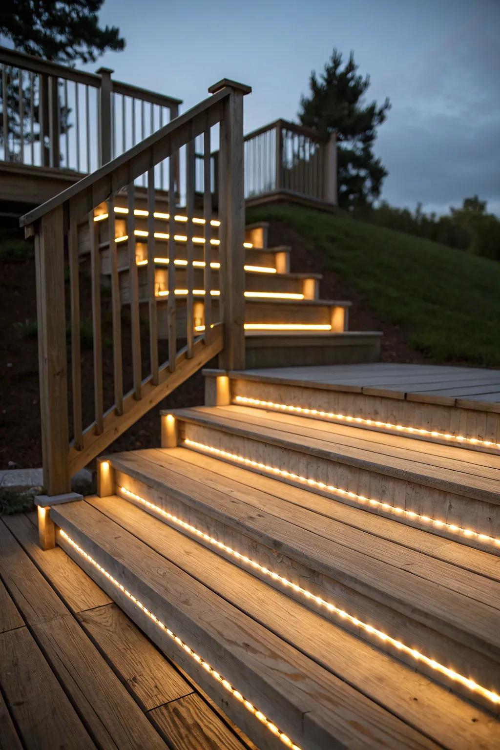 LED strips fashion a captivating glow beneath each step