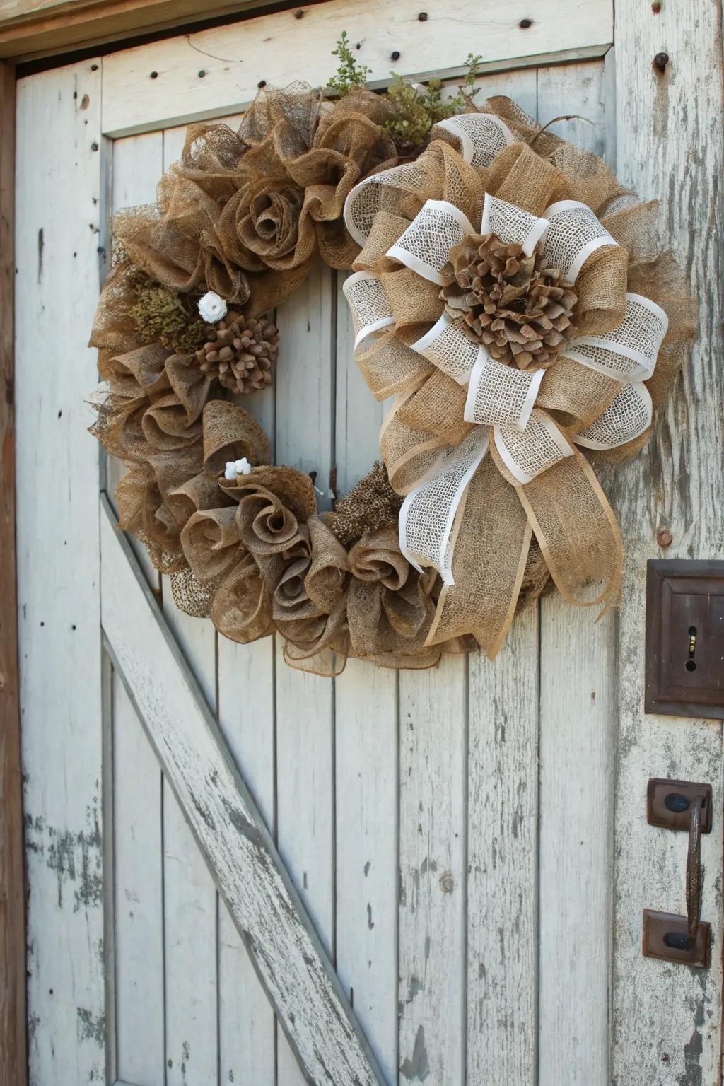 A rustic wreath combining deco mesh and burlap for a farmhouse look.