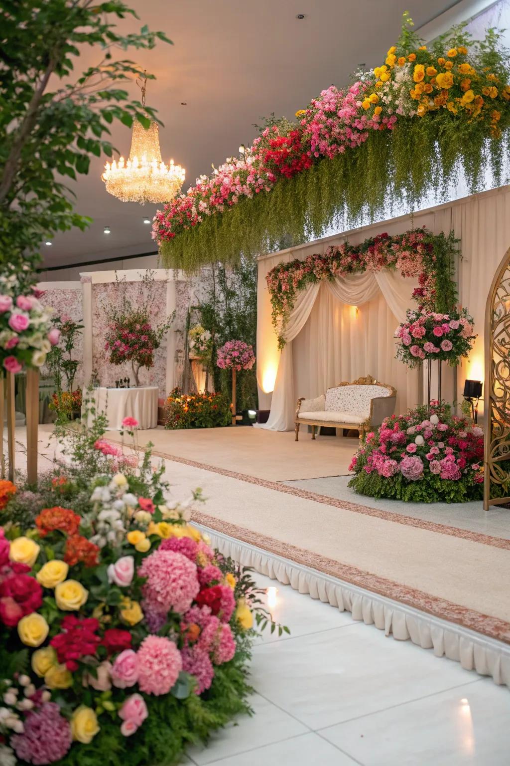 Dynamic flower displays bringing polish to a wedding site.