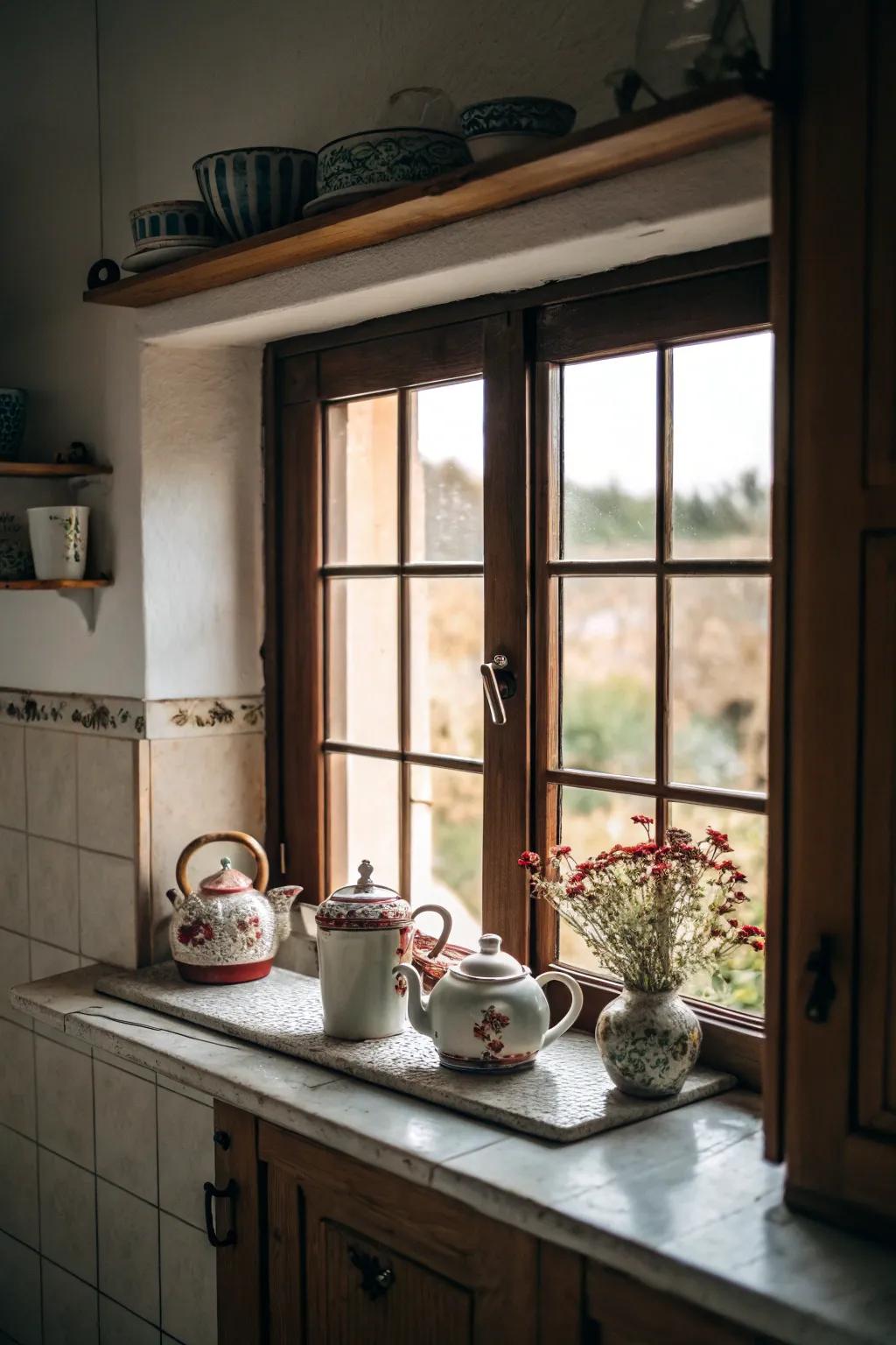 A window display elegantly showcasing vintage teapots.