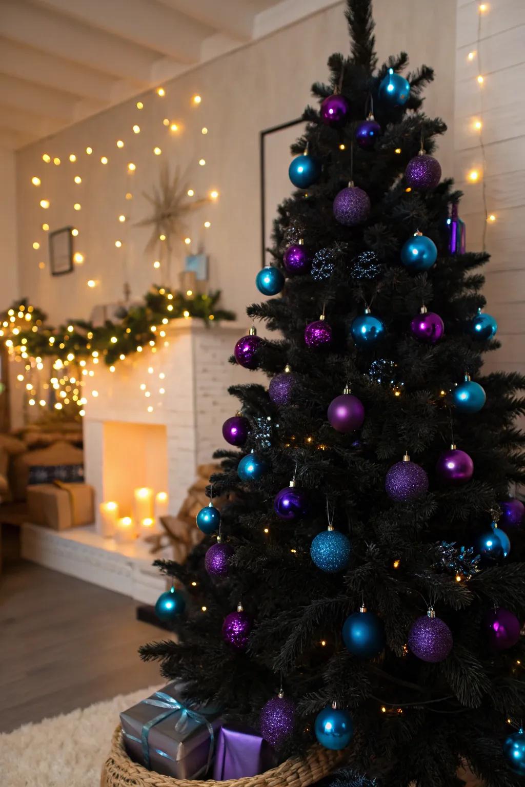 A daring black Christmas tree with vibrant ornaments.