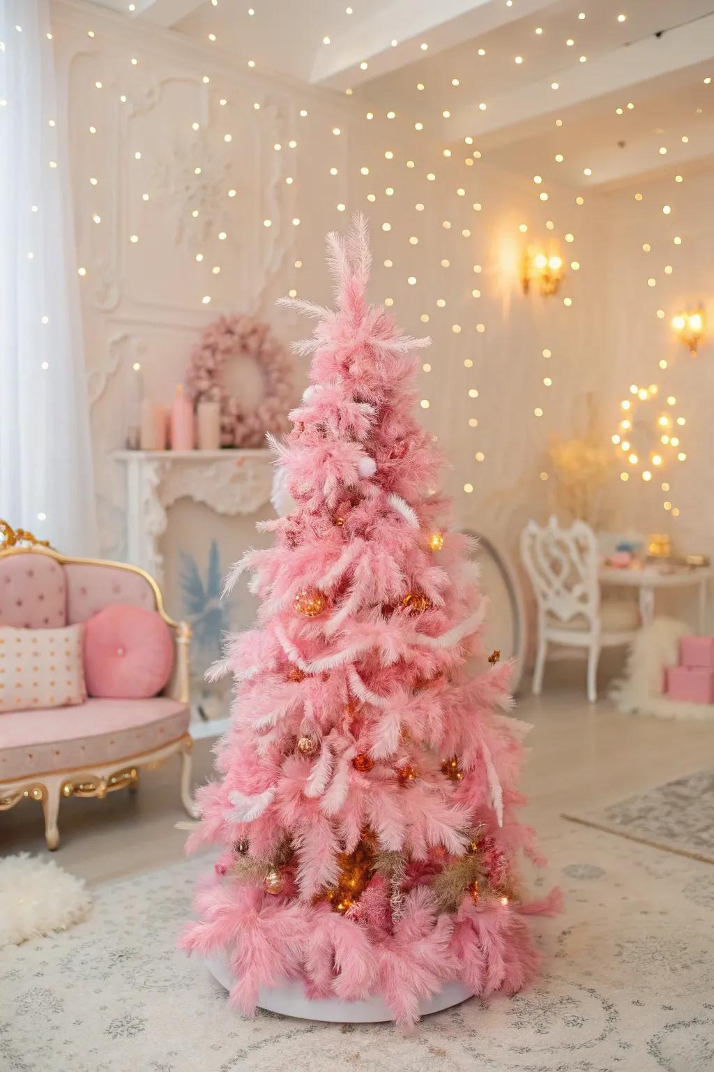 A pink tree ornamented with whimsical feather boas.