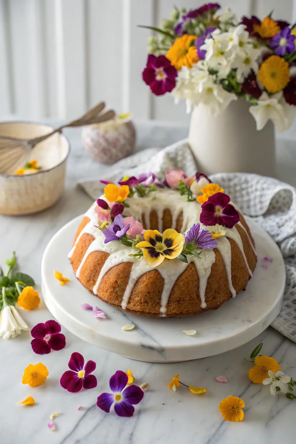 A bundt cake adorned with edible flowers for an elegant look.