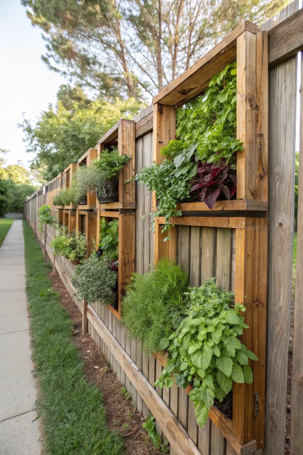Vertical gardens provide an efficient and beautiful use of fence area.