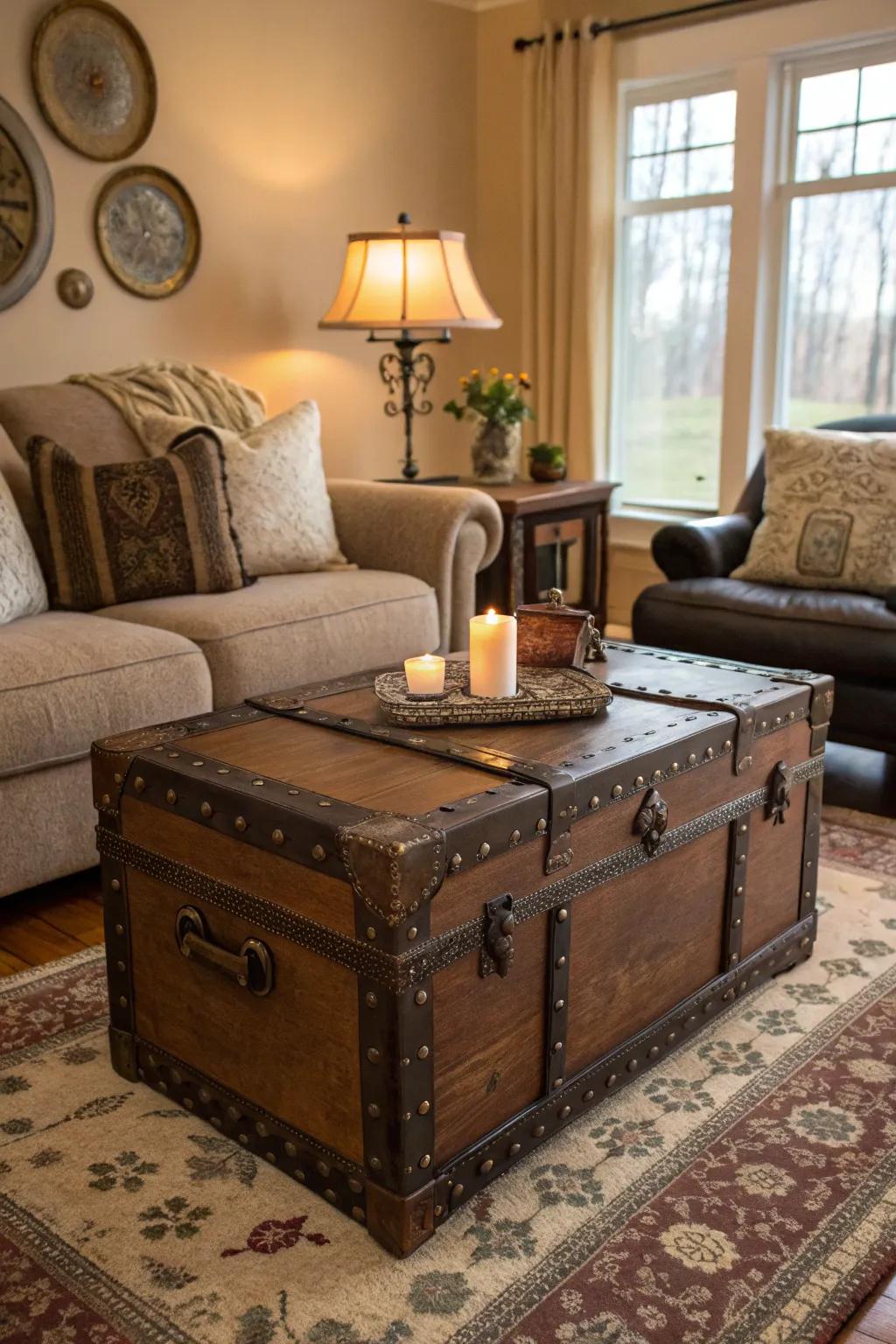 A vintage trunk contributes utility and style as a center table.