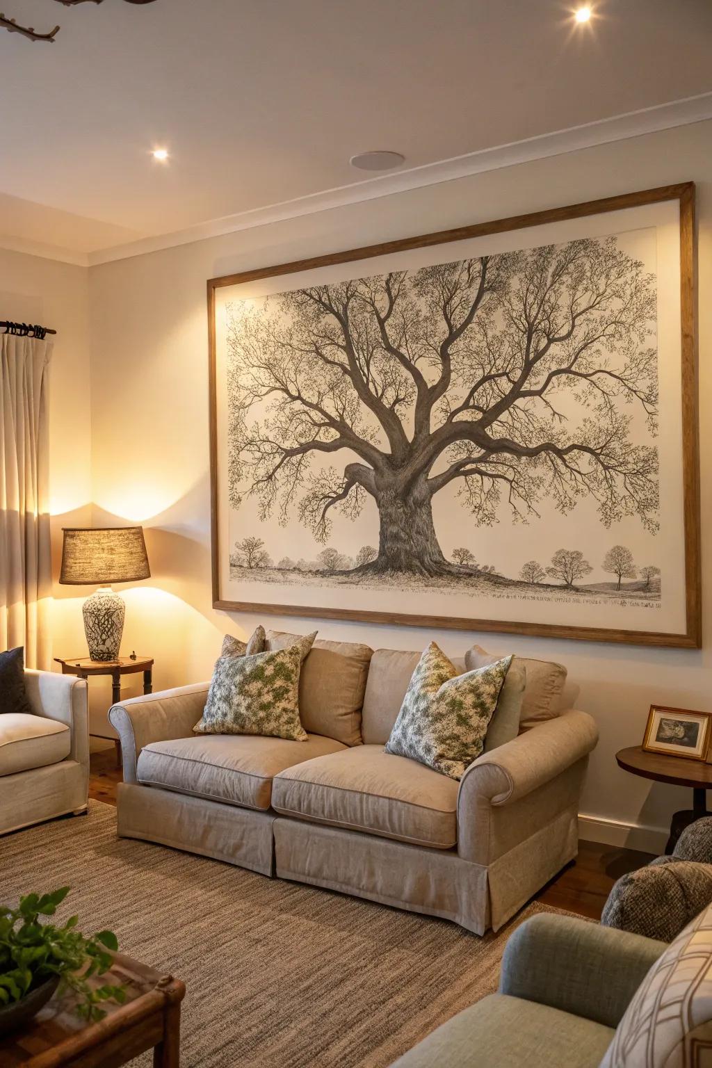 A living room with a large tree drawing as a focal point.