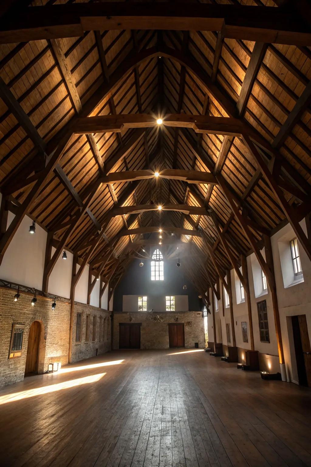 Exposed beams highlight the dramatic architecture of a vaulted ceiling.