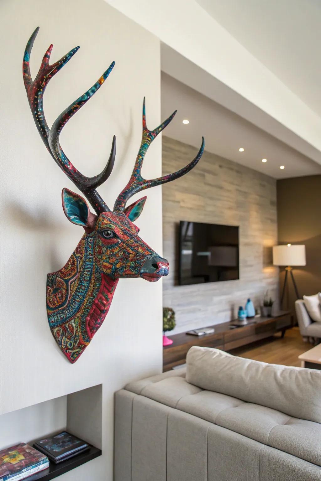 In a modern living room, hydro-dipped deer antlers with vibrant patterns make a bold statement.