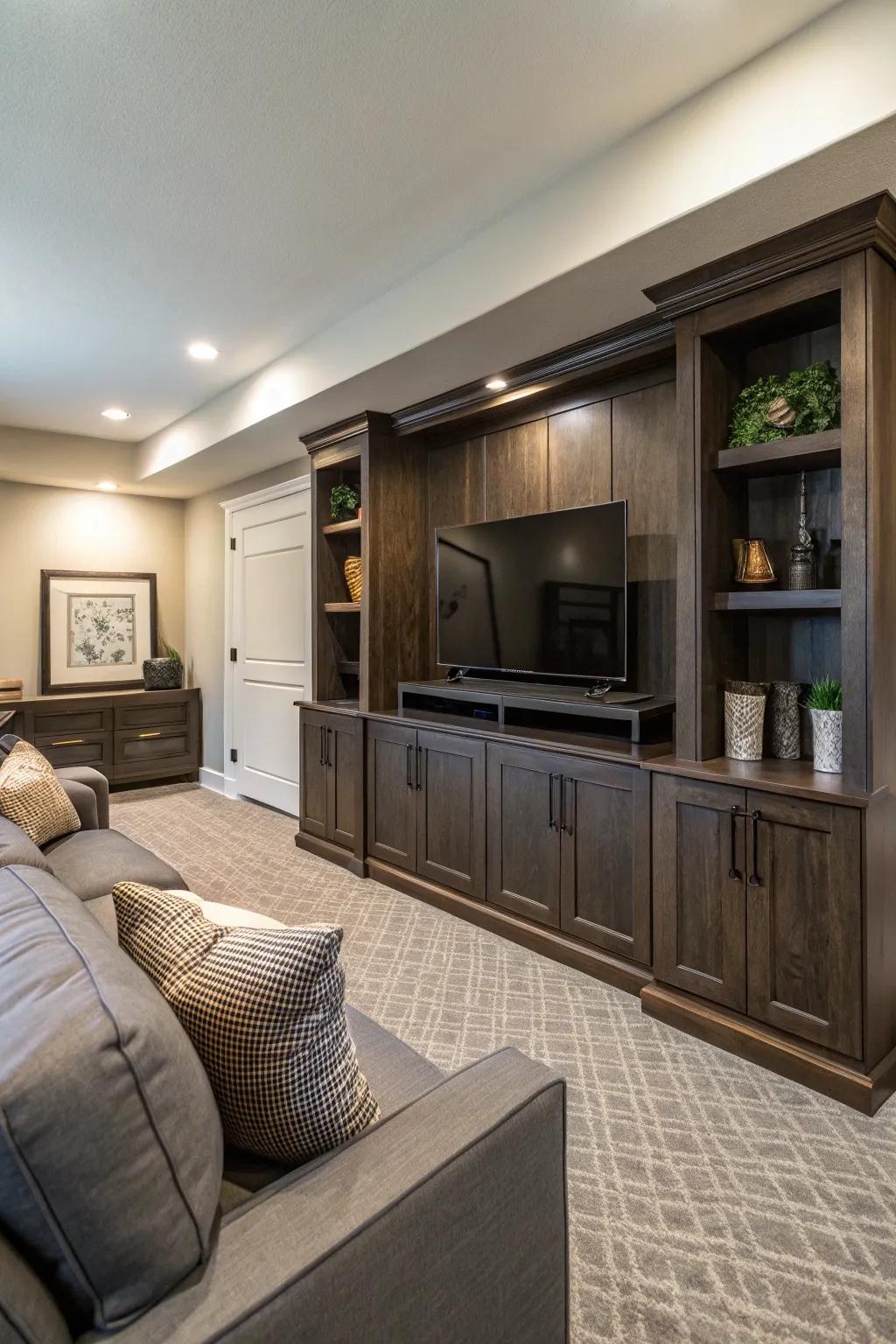 A den with a built-in entertainment center offering style and functionality.