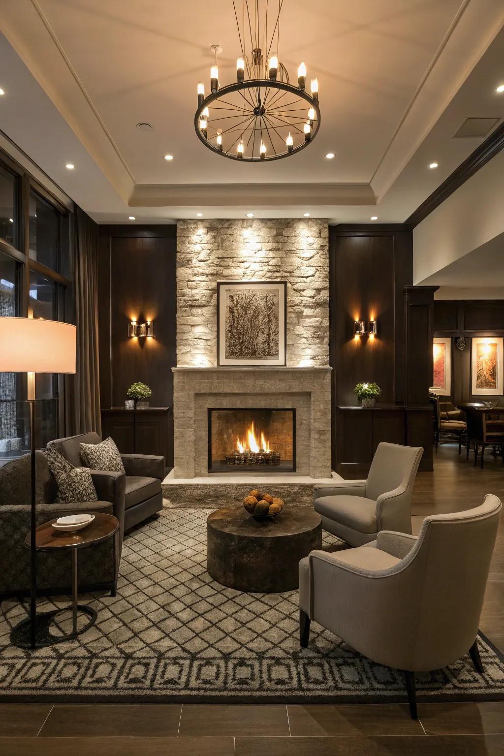A central fireplace enriches warmth and appeal.
