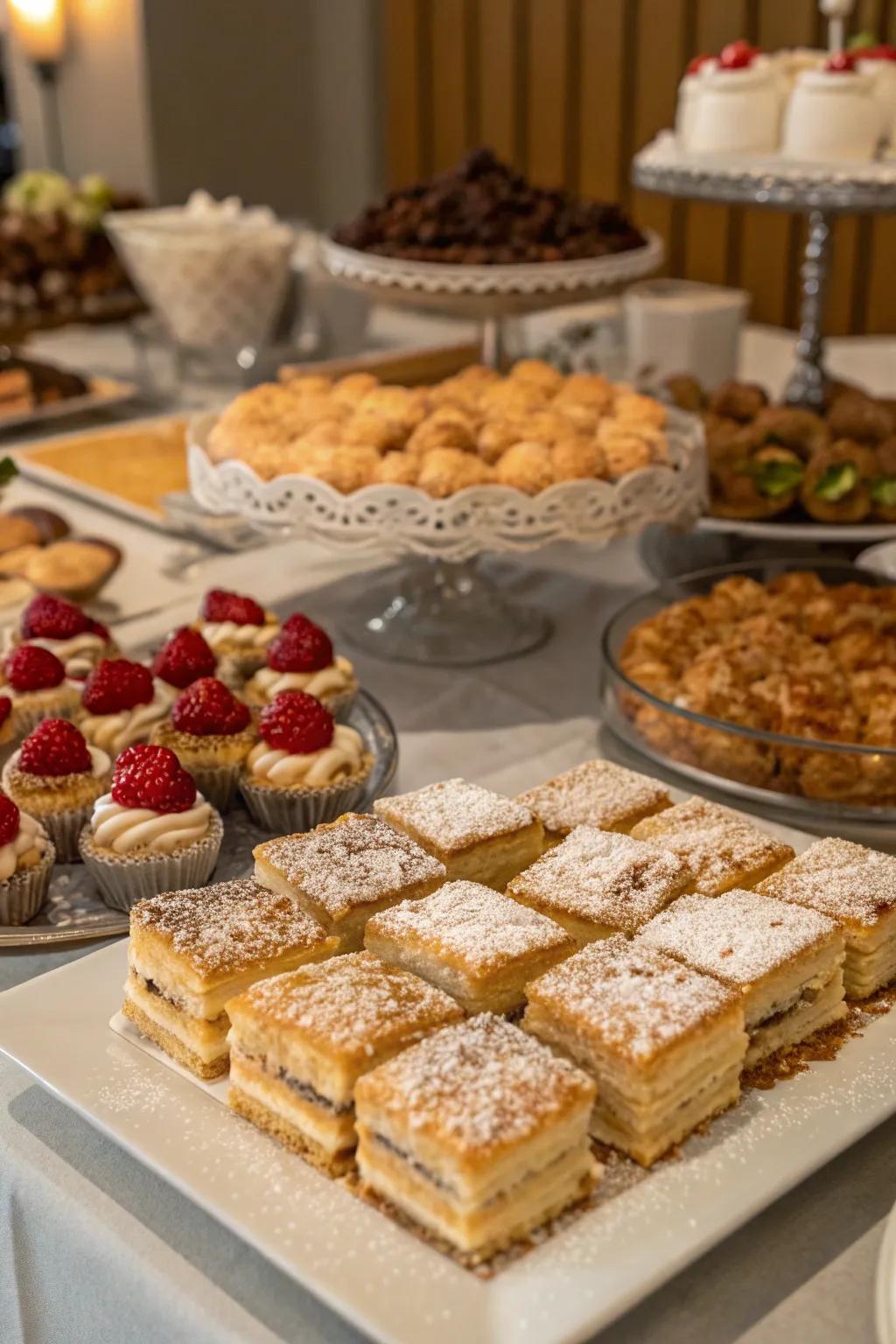 A confections table with cakes and sweets covered in crushed honey biscuits.